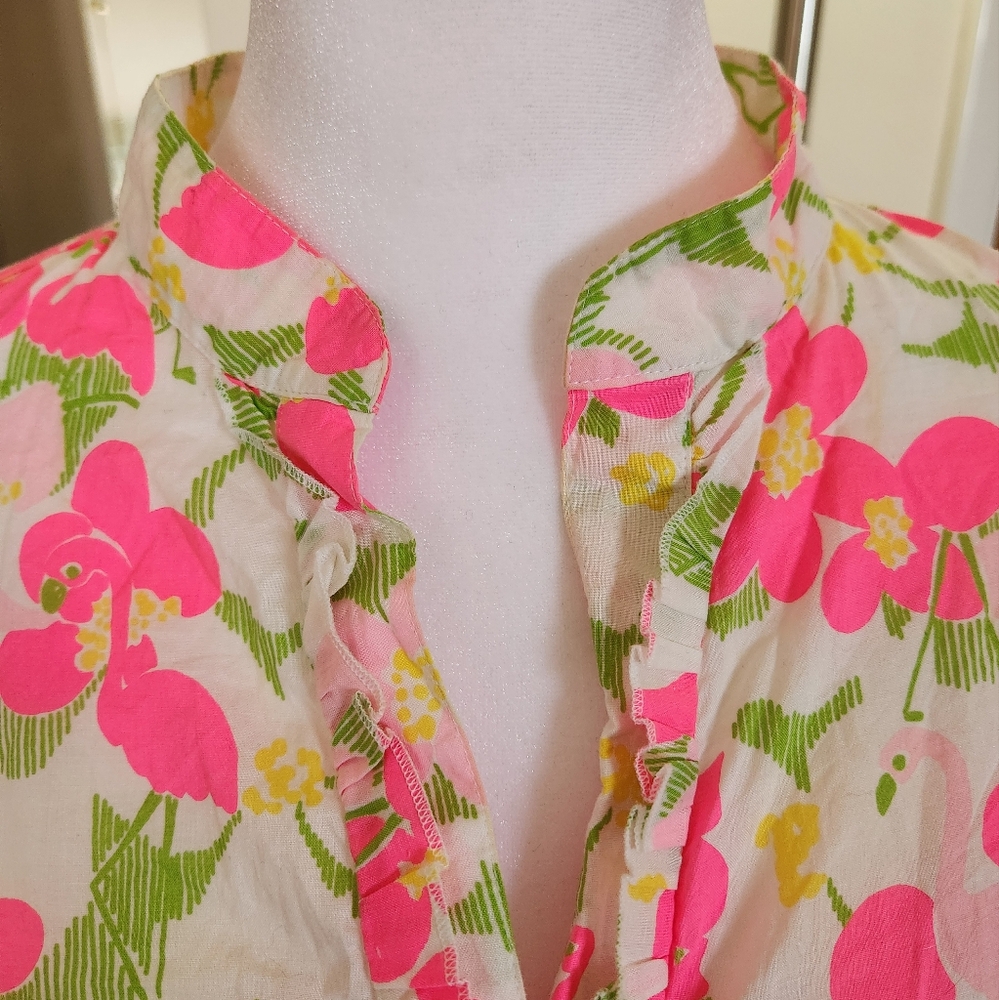 Lilly Pulitzer Floral Flamingo Roll Tab Sleeve Tunic Size 2 - Picture 5 of 10